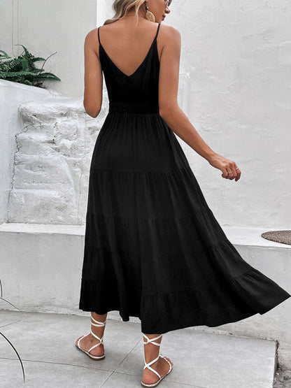 Dress- Solid Tiered Smocked Waist Button Cami Long Dress- - IndioGear Fashion and Gear