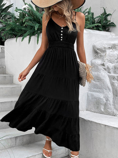 Dress- Solid Tiered Smocked Waist Button Cami Long Dress- - IndioGear Fashion and Gear