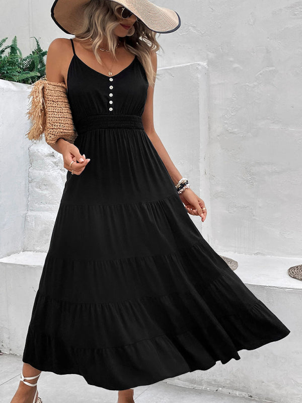 Dress- Solid Tiered Smocked Waist Button Cami Long Dress- - IndioGear Fashion and Gear