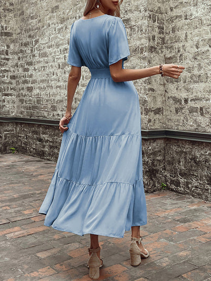 Dress- Solid Tiered Smocked Waist Maxi Dress- - IndioGear Fashion and Gear