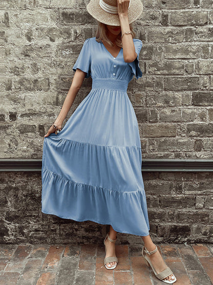 Dress- Solid Tiered Smocked Waist Maxi Dress- - IndioGear Fashion and Gear