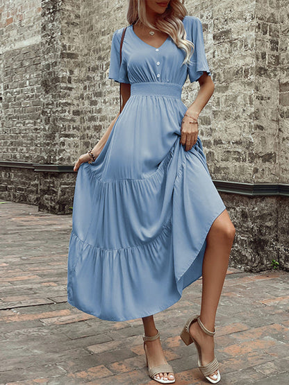 Dress- Solid Tiered Smocked Waist Maxi Dress- - IndioGear Fashion and Gear