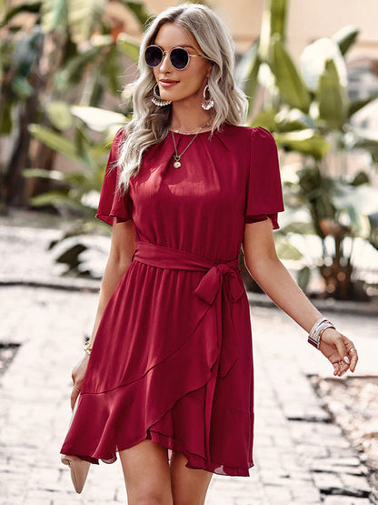 Dress- Solid Wrap Belt-Tie Layered Dress- - IndioGear Fashion and Gear