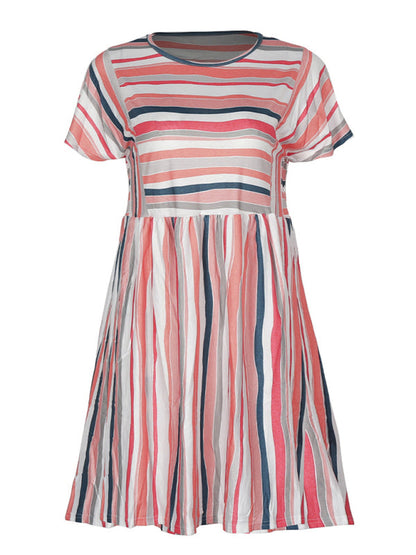 Dress- Stripe Print Round Neck Short Sleeve Mini Dress- - IndioGear Fashion and Gear