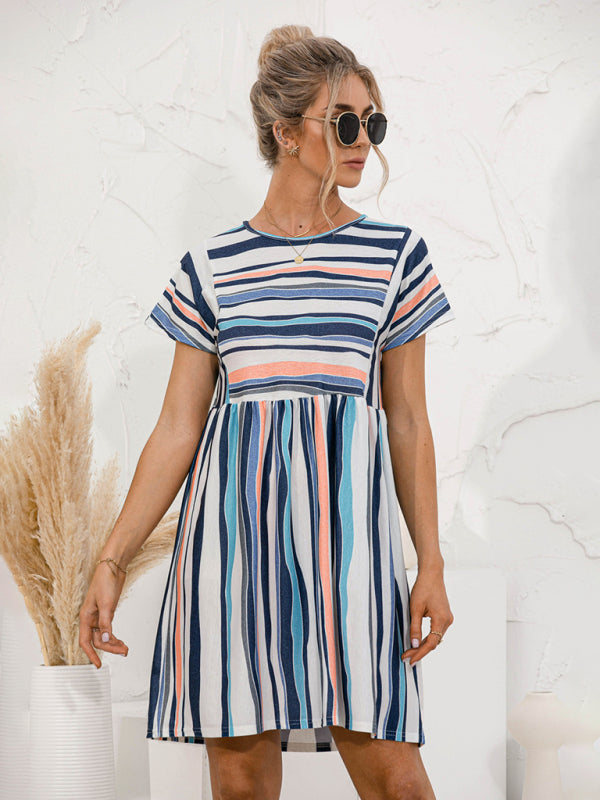 Dress- Stripe Print Round Neck Short Sleeve Mini Dress- - IndioGear Fashion and Gear