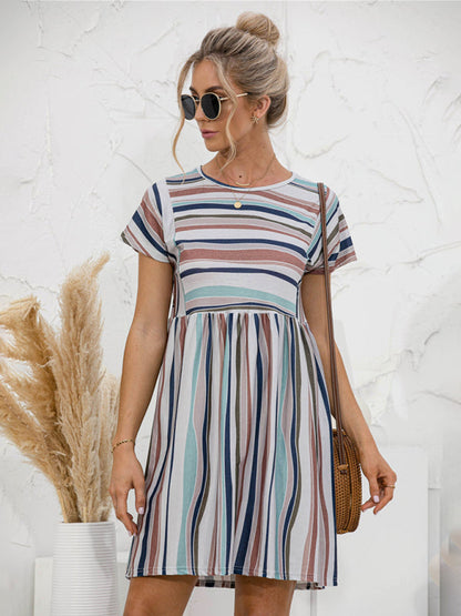 Dress- Stripe Print Round Neck Short Sleeve Mini Dress- - IndioGear Fashion and Gear