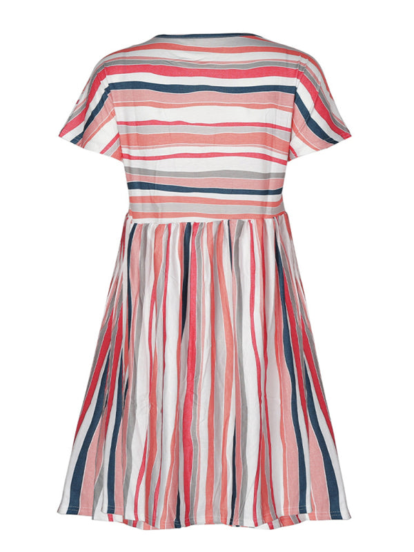 Dress- Stripe Print Round Neck Short Sleeve Mini Dress- - IndioGear Fashion and Gear