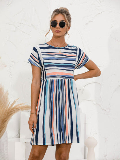 Dress- Stripe Print Round Neck Short Sleeve Mini Dress- - IndioGear Fashion and Gear