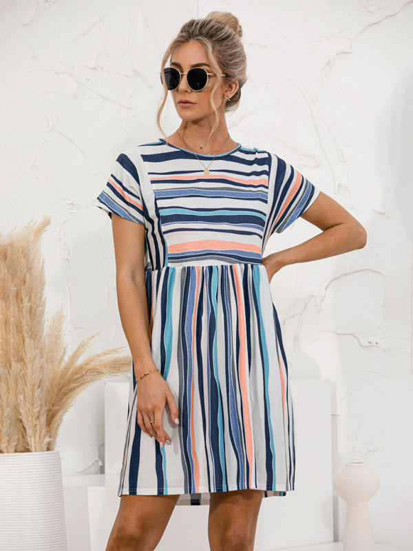 Dress- Stripe Print Round Neck Short Sleeve Mini Dress- - IndioGear Fashion and Gear