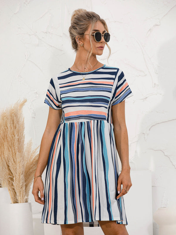 Dress- Stripe Print Round Neck Short Sleeve Mini Dress- - IndioGear Fashion and Gear