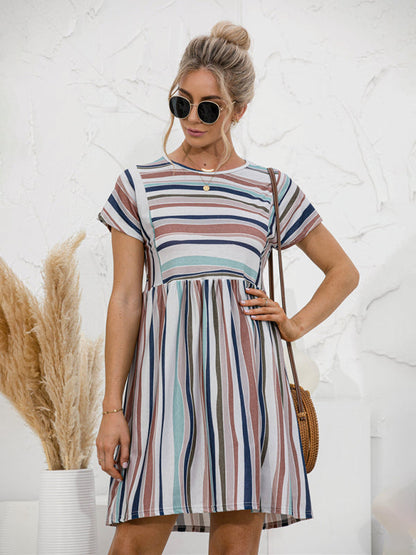 Dress- Stripe Print Round Neck Short Sleeve Mini Dress- - IndioGear Fashion and Gear