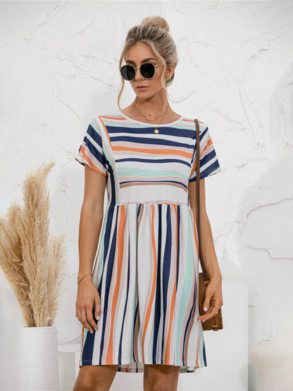 Dress- Stripe Print Round Neck Short Sleeve Mini Dress- - IndioGear Fashion and Gear