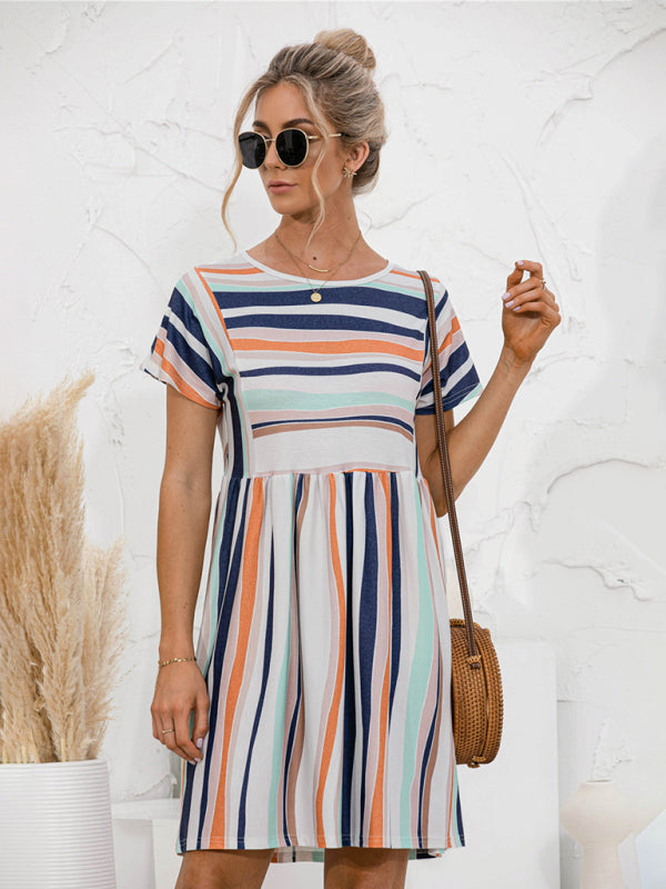 Dress- Stripe Print Round Neck Short Sleeve Mini Dress- - IndioGear Fashion and Gear