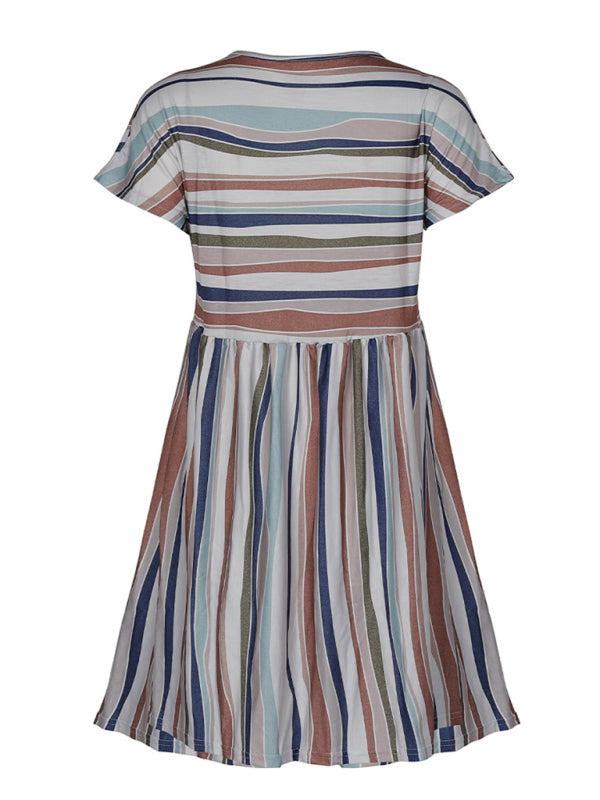 Dress- Stripe Print Round Neck Short Sleeve Mini Dress- - IndioGear Fashion and Gear