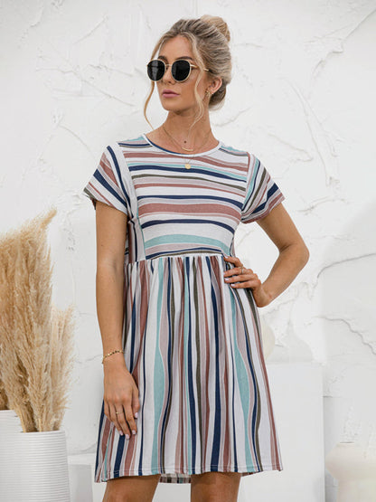 Dress- Stripe Print Round Neck Short Sleeve Mini Dress- - IndioGear Fashion and Gear