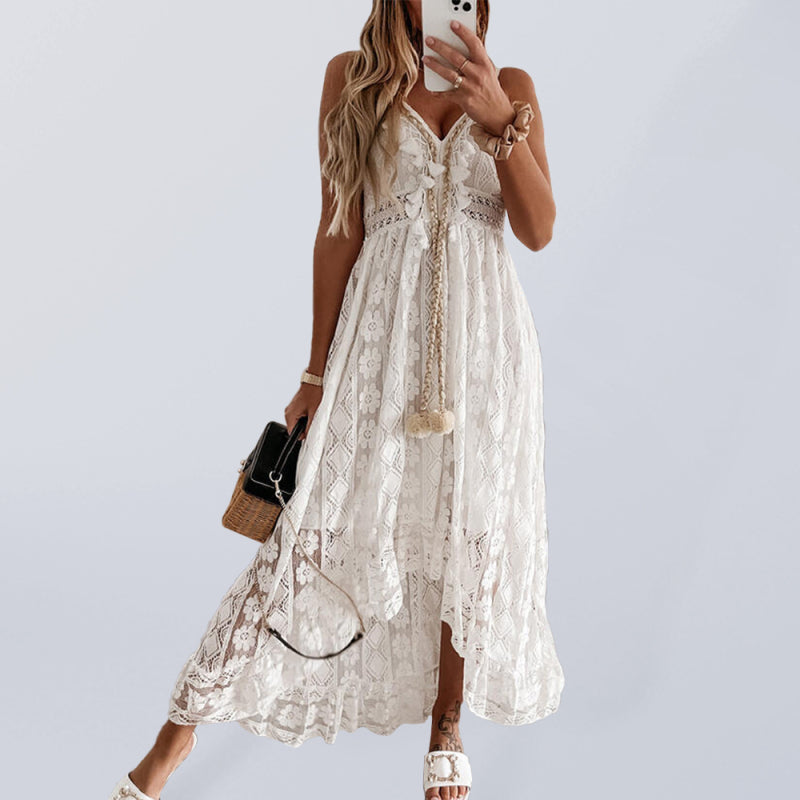 Dress- Stunning Lace Cami Maxi Dress - Perfect for Vacations- Cream- IndioGear Fashion and Gear