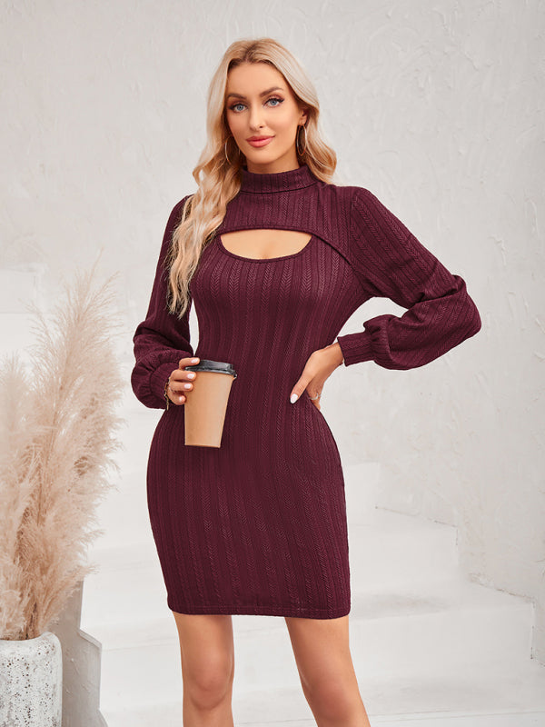 Dress- Sultry Sophistication: Women's Bodycon Cut Out Sweater Mini Dress- - IndioGear Fashion and Gear