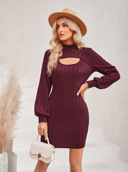 Dress- Sultry Sophistication: Women's Bodycon Cut Out Sweater Mini Dress- Wine Red- IndioGear Fashion and Gear