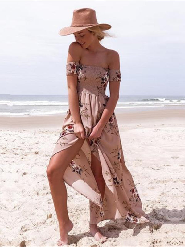 Dress- Summer Floral Print Off-Shoulder Maxi Dress- Khaki- IndioGear Fashion and Gear