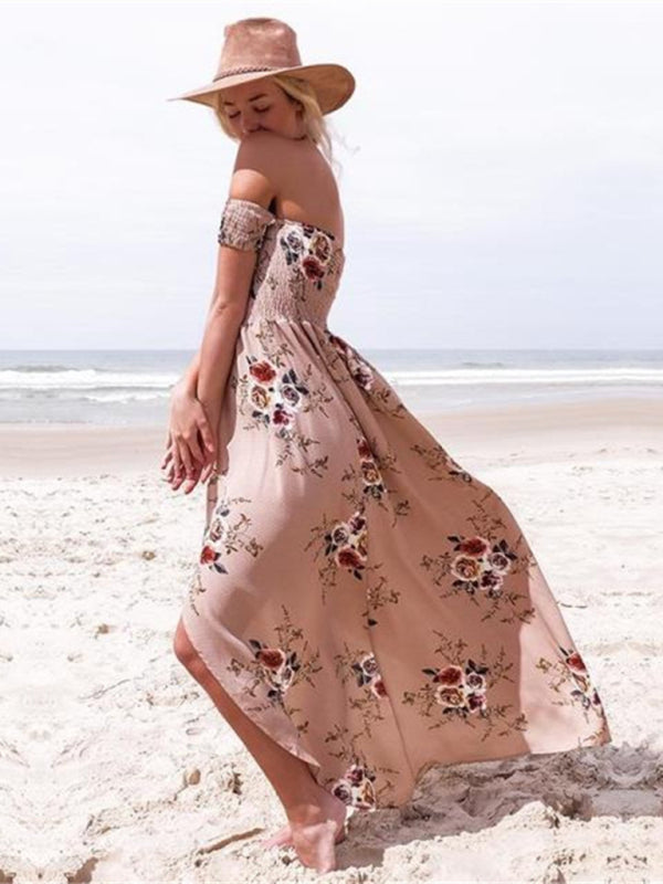 Dress- Summer Floral Print Off-Shoulder Maxi Dress- - IndioGear Fashion and Gear