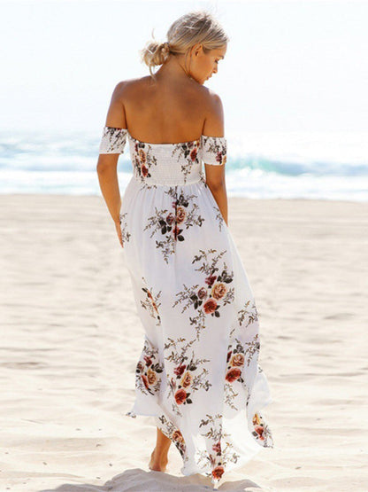 Dress- Summer Floral Print Off-Shoulder Maxi Dress- - IndioGear Fashion and Gear