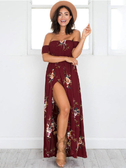 Dress- Summer Floral Print Off-Shoulder Maxi Dress- - IndioGear Fashion and Gear