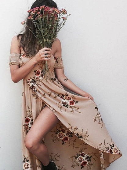 Dress- Summer Floral Print Off-Shoulder Maxi Dress- - IndioGear Fashion and Gear