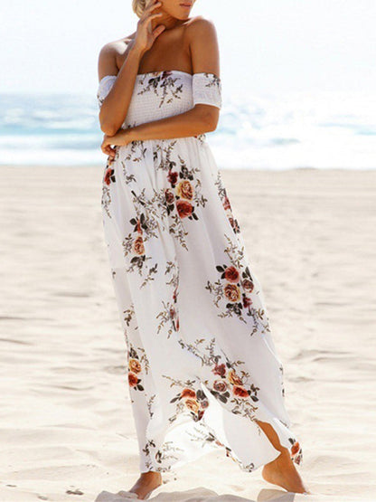 Dress- Summer Floral Print Off-Shoulder Maxi Dress- White- IndioGear Fashion and Gear