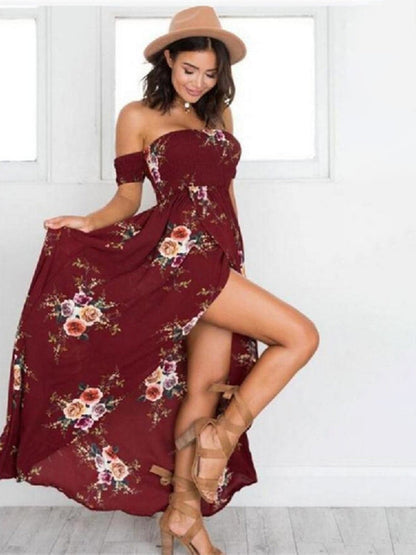 Dress- Summer Floral Print Off-Shoulder Maxi Dress- Wine Red- IndioGear Fashion and Gear