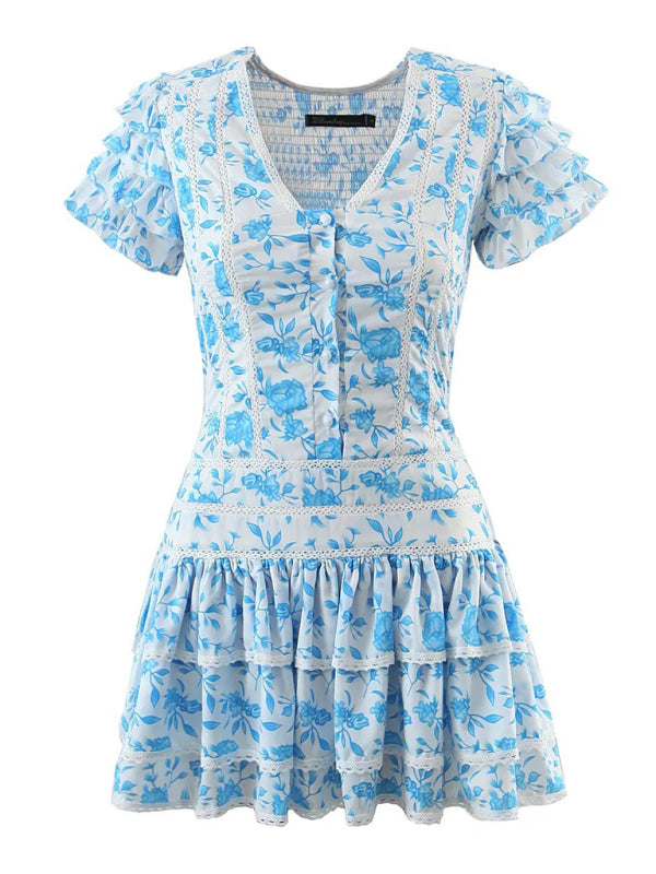 Dress- Summer Floral Smocked Ruffle Tiered Mini Dress- - IndioGear Fashion and Gear