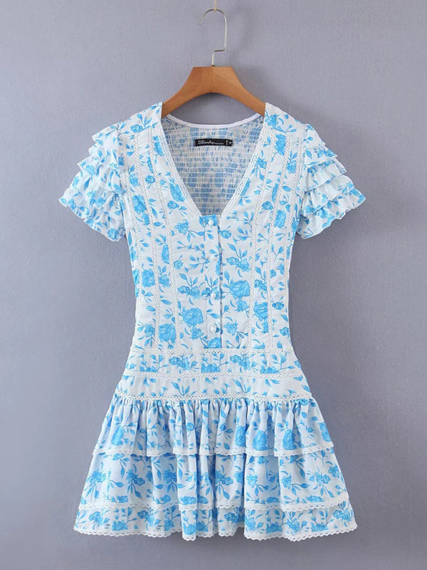 Dress- Summer Floral Smocked Ruffle Tiered Mini Dress- - IndioGear Fashion and Gear