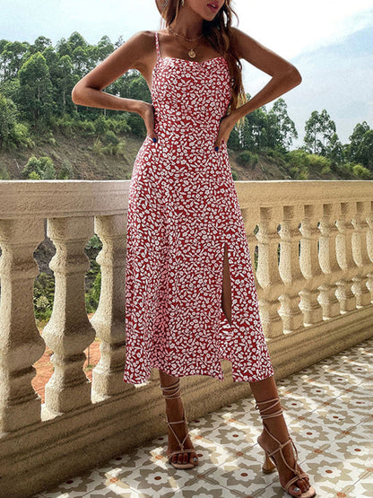 Dress- Summer Lovin': Floral Print Cami Midi Dress with High Slit Side- Wine Red- IndioGear Fashion and Gear