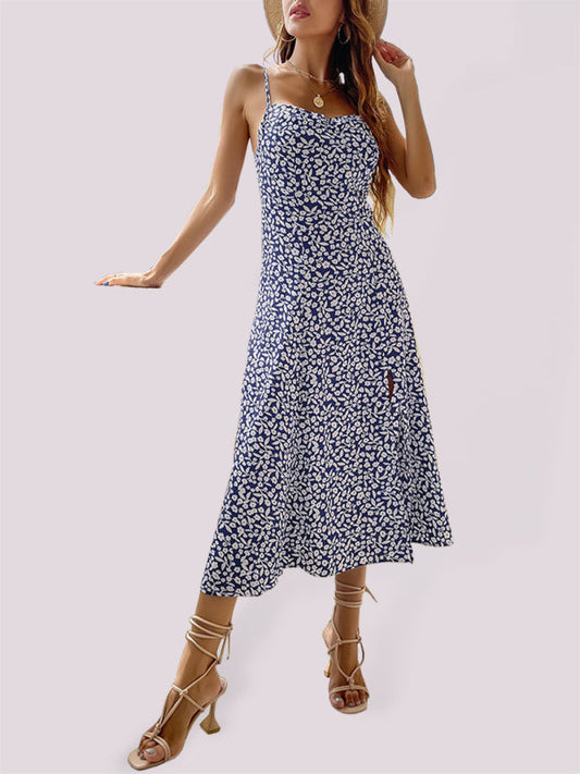 Dress- Summer Lovin': Floral Print Cami Midi Dress with High Slit Side- Blue- IndioGear Fashion and Gear