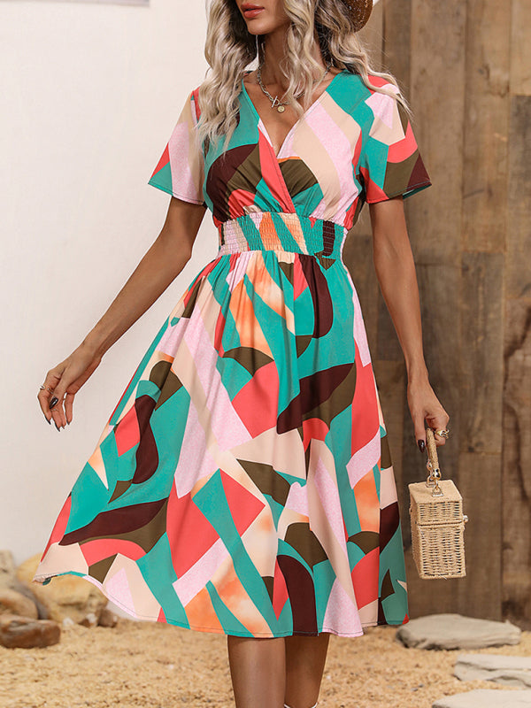 Dress- Summer Print Dress wtih A-Line Surplice V-Neck and Smocked Waist- Green- IndioGear Fashion and Gear