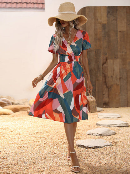 Dress- Summer Print Dress wtih A-Line Surplice V-Neck and Smocked Waist- - IndioGear Fashion and Gear