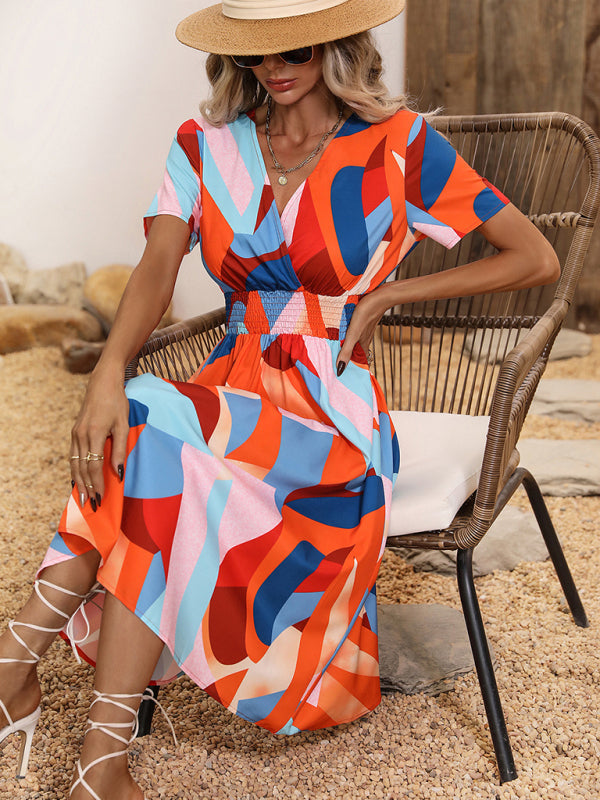 Dress- Summer Print Dress wtih A-Line Surplice V-Neck and Smocked Waist- - IndioGear Fashion and Gear