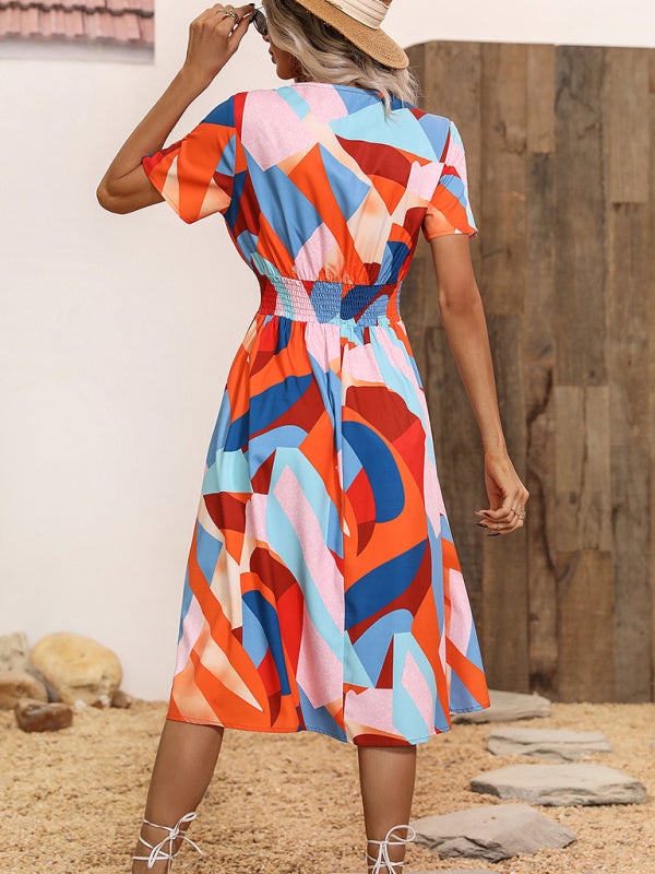 Dress- Summer Print Dress wtih A-Line Surplice V-Neck and Smocked Waist- - IndioGear Fashion and Gear