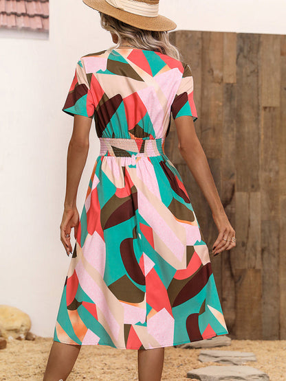 Dress- Summer Print Dress wtih A-Line Surplice V-Neck and Smocked Waist- - IndioGear Fashion and Gear