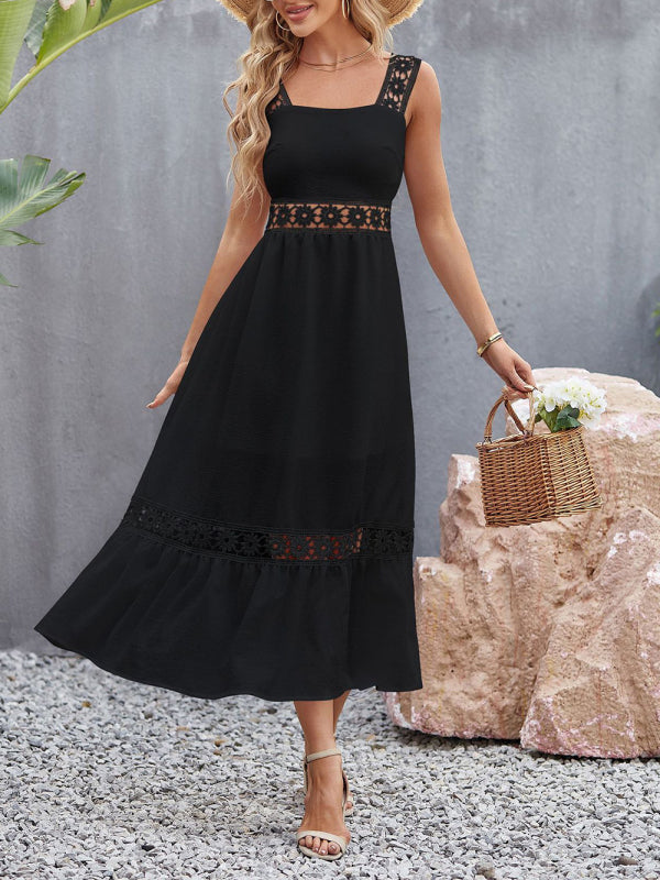 Dress- Summer Solid Lace Accents Ruffle Hem Cami Midi Dress- - IndioGear Fashion and Gear