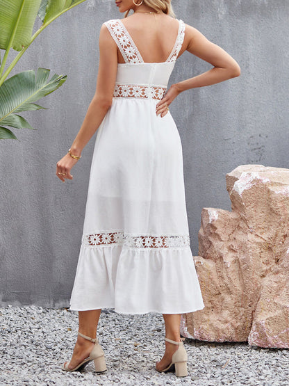 Dress- Summer Solid Lace Accents Ruffle Hem Cami Midi Dress- - IndioGear Fashion and Gear