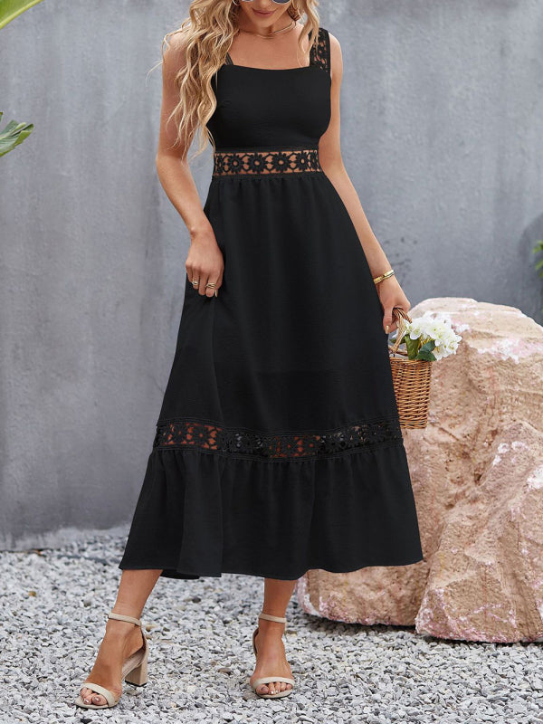 Dress- Summer Solid Lace Accents Ruffle Hem Cami Midi Dress- - IndioGear Fashion and Gear