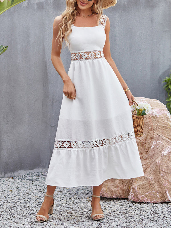 Dress- Summer Solid Lace Accents Ruffle Hem Cami Midi Dress- - IndioGear Fashion and Gear