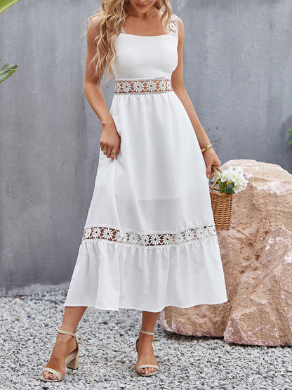 Dress- Summer Solid Lace Accents Ruffle Hem Cami Midi Dress- - IndioGear Fashion and Gear