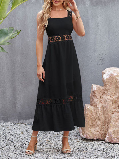 Dress- Summer Solid Lace Accents Ruffle Hem Cami Midi Dress- - IndioGear Fashion and Gear