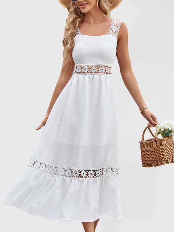 Dress- Summer Solid Lace Accents Ruffle Hem Cami Midi Dress- White- IndioGear Fashion and Gear