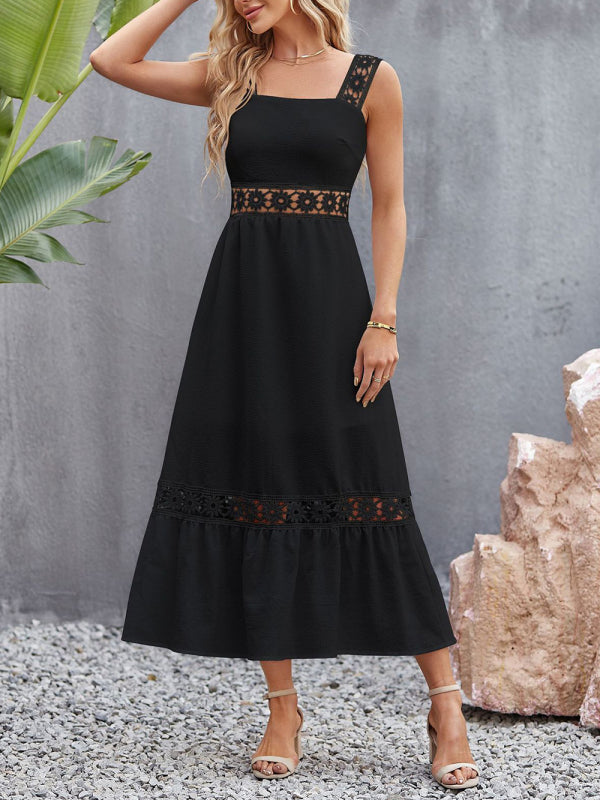 Dress- Summer Solid Lace Accents Ruffle Hem Cami Midi Dress- - IndioGear Fashion and Gear