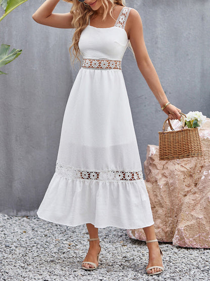 Dress- Summer Solid Lace Accents Ruffle Hem Cami Midi Dress- - IndioGear Fashion and Gear