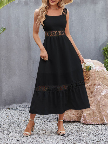 Dress- Summer Solid Lace Accents Ruffle Hem Cami Midi Dress- - IndioGear Fashion and Gear