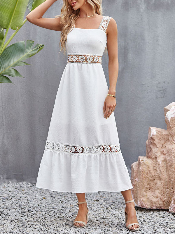 Dress- Summer Solid Lace Accents Ruffle Hem Cami Midi Dress- - IndioGear Fashion and Gear