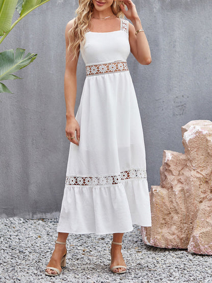 Dress- Summer Solid Lace Accents Ruffle Hem Cami Midi Dress- - IndioGear Fashion and Gear